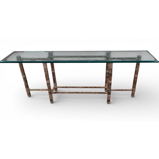 John and Elinor McGuire 1970s McGuire Bamboo & Beveled Glass Console Table For Sale - Image 4 of 6