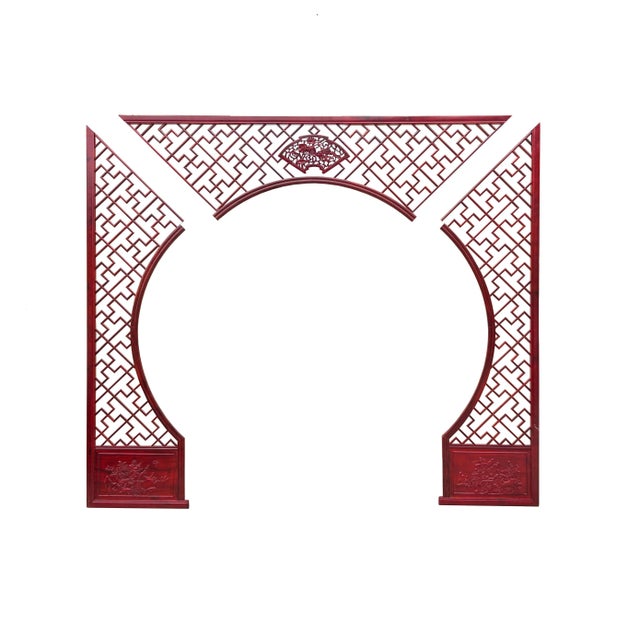 Chinese Reddish Brown Flower Ducks Geometric Round Arch Wood Room Divider For Sale - Image 13 of 14