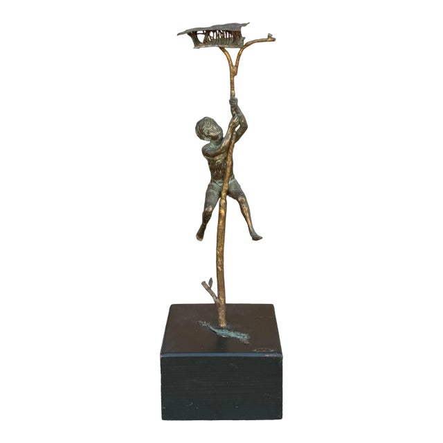 Vintage Curtis Jere Mid-Century Modern Bronze Boy Climbing Tree Sculpture, Signed 1970 For Sale