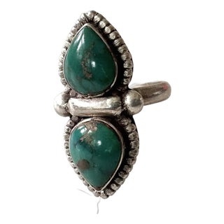 Antique Blue/Green Turquoise and Sterling Silver Ring, Size 7 For Sale