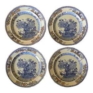 Antique Early 19th Century Mason's Patent Ironstone China Bread Plates with Gate & Peony - Set of 4