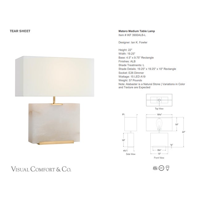Ian K. Fowler by Visual Comfort Signature Matero Medium Table Lamp in Alabaster with Linen Shade Designer: Ian K. Fowler...