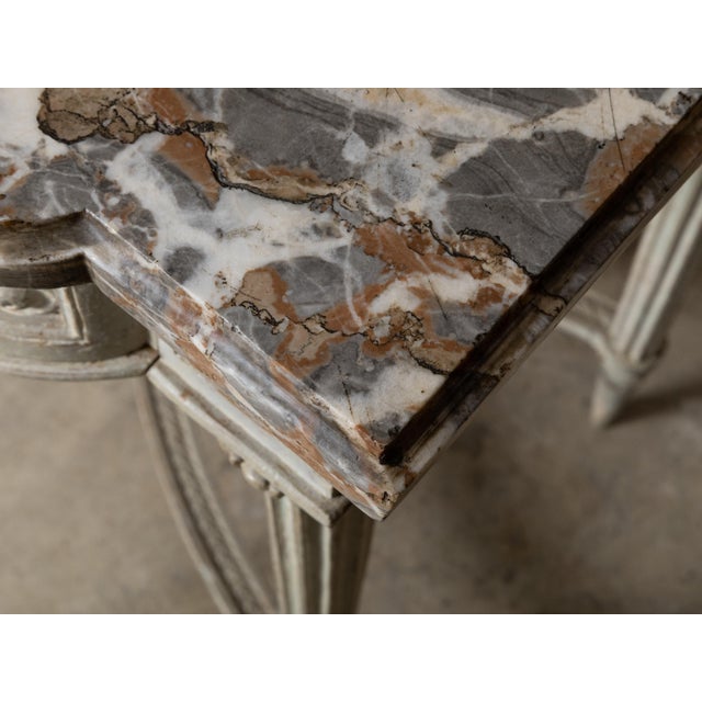 Pair of French Louis XVI 18th Century Painted Console Tables with Marble Tops For Sale - Image 4 of 12