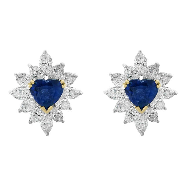 GIA Certified Ceylon Heart Shape Sapphire & 3.5 Carat Diamond Stud Earring 18KG For Sale