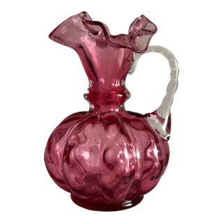 Antique Bohemian Cranberry Glass Pitcher Ruffled Rim Clear Handle 5.25” Victorian For Sale