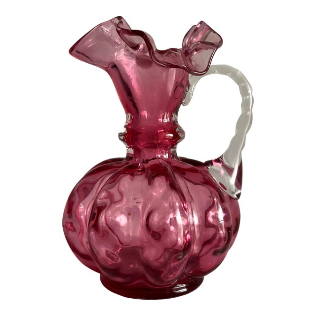 Antique Bohemian Cranberry Glass Pitcher Ruffled Rim Clear Handle 5.25” Victorian For Sale