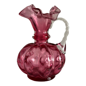 Antique Bohemian Cranberry Glass Pitcher Ruffled Rim Clear Handle 5.25” Victorian