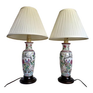 Vintage Chinese Chinoiserie Porcelain Table Lamps With Birds, Chrysanthemums & Pleated Shades - a Pair For Sale