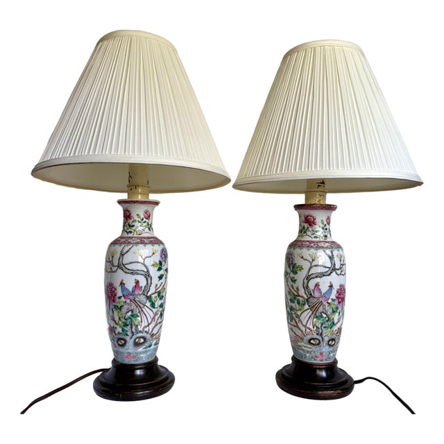 Vintage Chinese Chinoiserie Porcelain Table Lamps With Birds, Chrysanthemums & Pleated Shades - a Pair For Sale