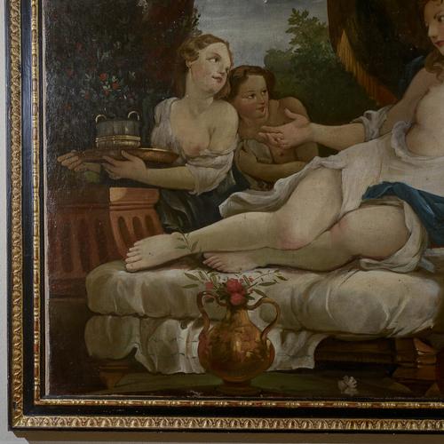 This imposing oil painting on canvas depicts a sumptuous allegorical scene in classical style, ideal for those seeking an...