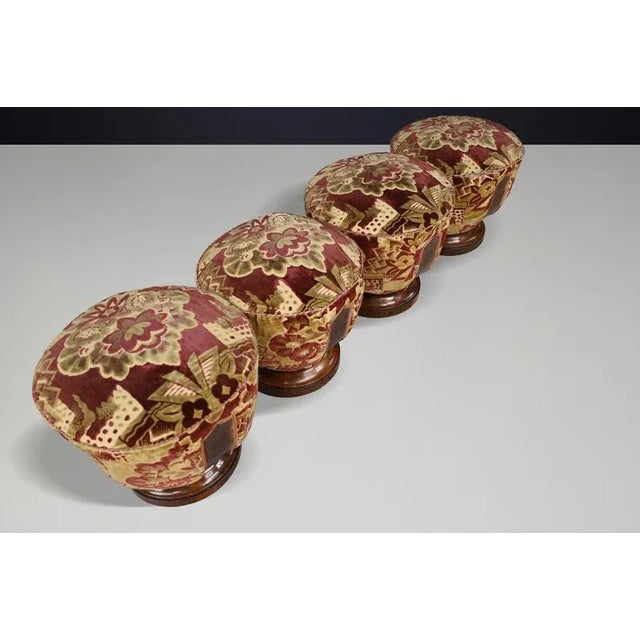 1930s Vintage Italian Art Deco Walnut and Velvet Poufs, 1930s, Set of 4 For Sale - Image 5 of 18