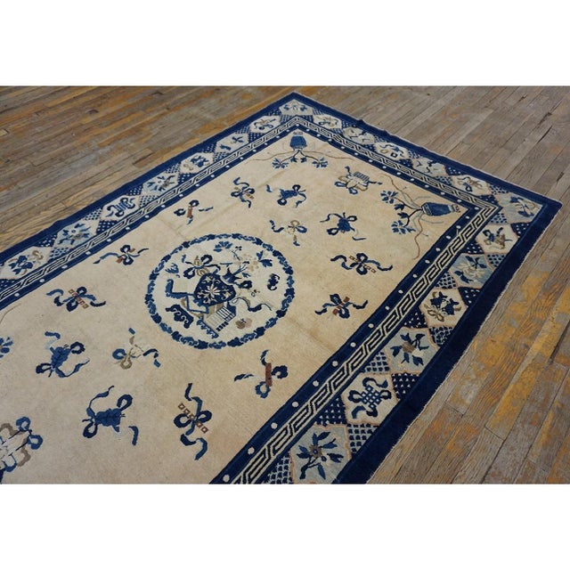 1890s Beige Classic Greek Key Vase Antique Chinese Peking Small Knotted Wool Rug For Sale - Image 4 of 8