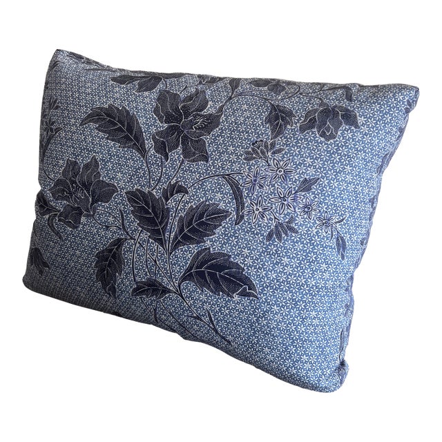 Custom Designer Boxed Pillow in Quadrille Blue Antik Batik Down Insert Contrasting Box Banding For Sale