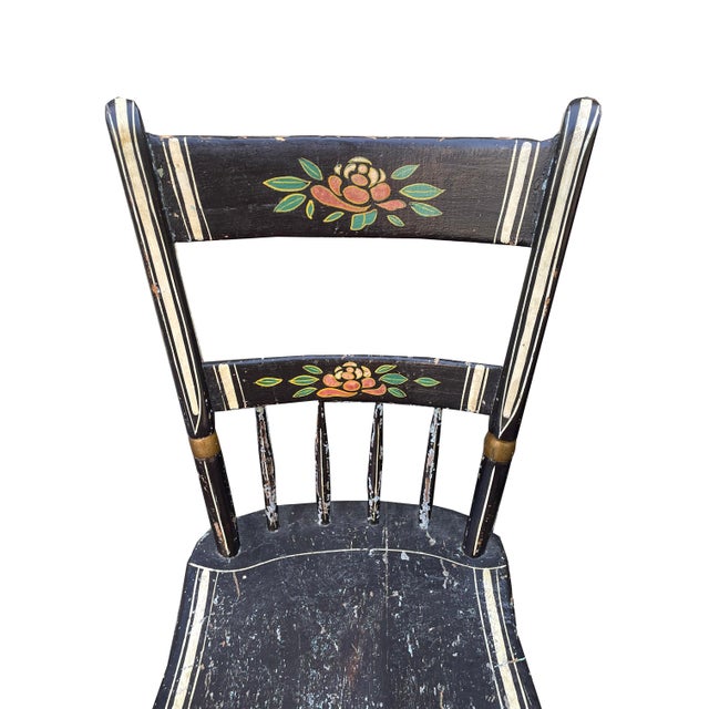 1800s hand-painted panel-back Windsor chairs.These pre-date Hitchcock chairs, and have wonderful variation in the paint-...
