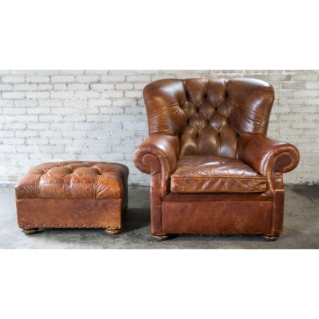 Restoration Hardware for Mitchell Gold 'Churchill' writer's chair with matching ottoman, in a lovely cigar brown leather....