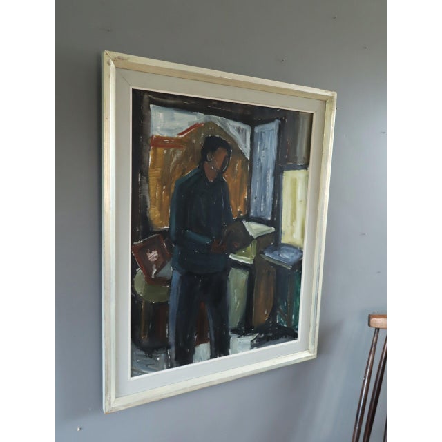 Mid-Century Modern 'A Moment to Read' Swedish Expressive Interior Oil Painting, Framed For Sale - Image 4 of 12