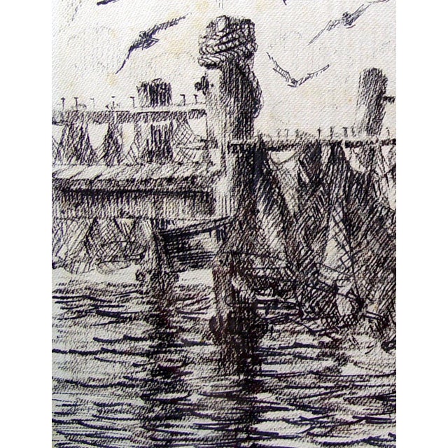 Mid 20th century harbor scene of drying fishing nets on the Texas Gulf Coast by Michael Simon (1905-2002), a noted...