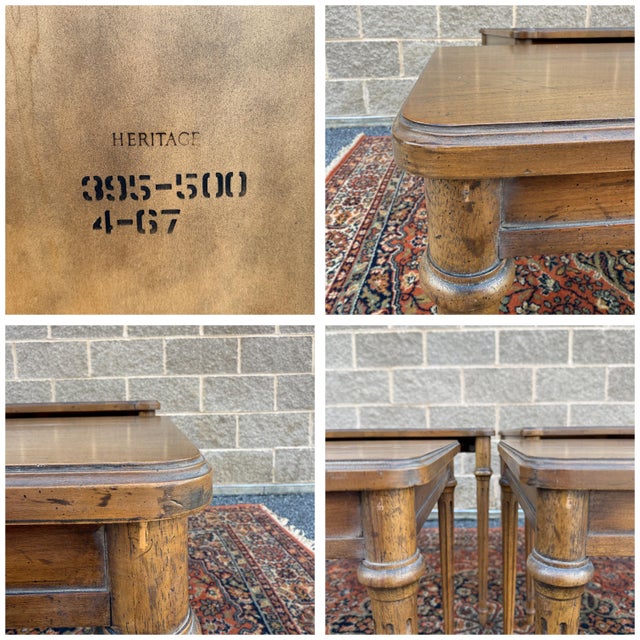 1960s Heritage Furniture French Louis XVI Golden Walnut Nesting Side Tables - Set of 4 For Sale - Image 15 of 17