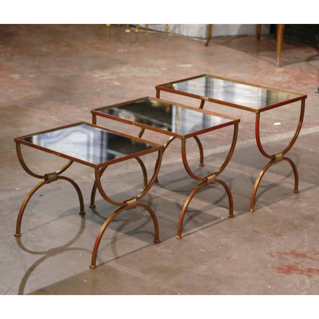 Metal Mid-Century French Iron and Mirrored Glass Curule Nesting Tables, Set of 3 For Sale - Image 7 of 10