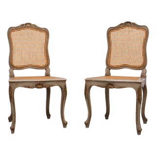 Louis XV Gilt and Green Painted Cane Side Chairs, 1880, Set of 2 For Sale