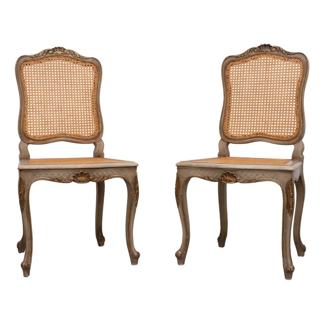 Louis XV Gilt and Green Painted Cane Side Chairs, 1880, Set of 2 For Sale