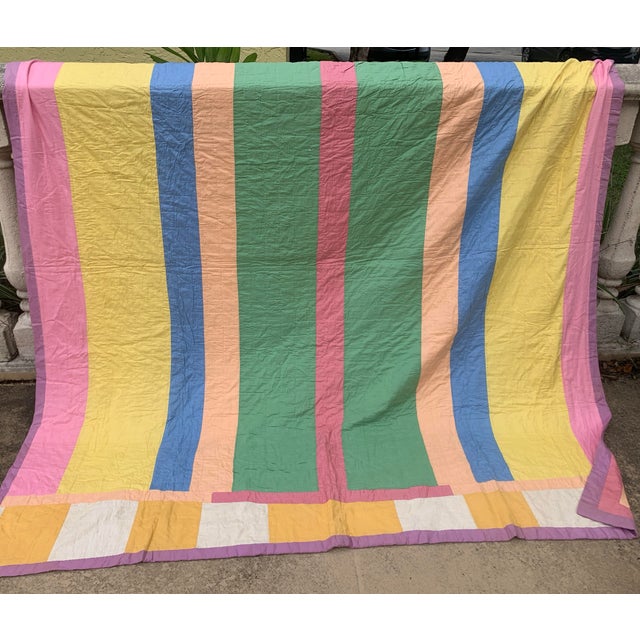 Vintage Hand Stitched Multicolor Square Patches Quilt 89” X 81” For Sale - Image 9 of 12