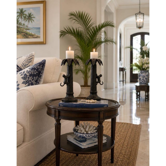 Pair of Vintage Cast Metal Palm Tree & Climbing Monkey Candlesticks For Sale - Image 10 of 12