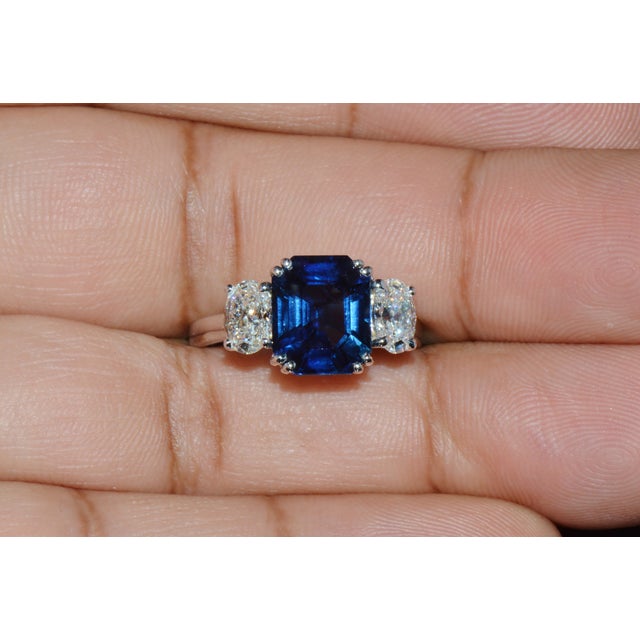 Gia Certified Natural 5.11cts VVS F Diamond Royal Blue Sapphire 950 Platinum 3 Stone Ring, Size 6.75 For Sale In Dallas - Image 6 of 12