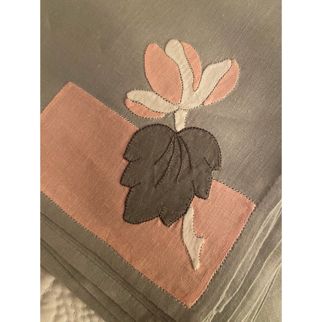 Vintage Grey and Pink Appliquéd Tablecloth and Napkins, Set/9 For Sale - Image 9 of 11