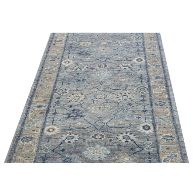 Contemporary Modern Gray Oushak Style Handmade Floral Motif Wool Runner For Sale - Image 3 of 9