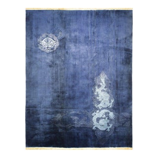 1920s Blue Dragon Modern Hand Knotted Antique Chinese Arto Deco Rug 9'x11' 8" Wool Carpet For Sale