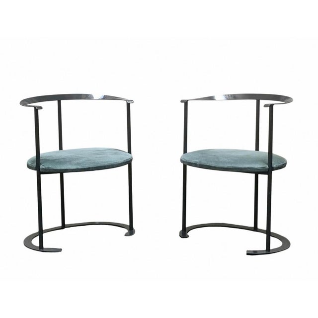 Chair Mod. Catilina with painted steel frame, black lacquered plywood seat and polyurethane cushion covered in green...