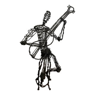 Contemporary Seated Band Player Black Wire Metal Art Sculptures For Sale