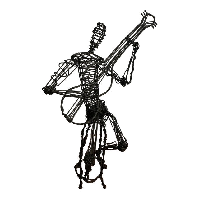 Contemporary Seated Band Player Black Wire Metal Art Sculptures For Sale