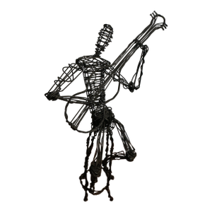 Contemporary Seated Band Player Black Wire Metal Art Sculptures