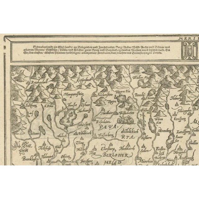 Woodcut Map of Swabia and Bavaria in Germany, 1628 For Sale - Image 4 of 6