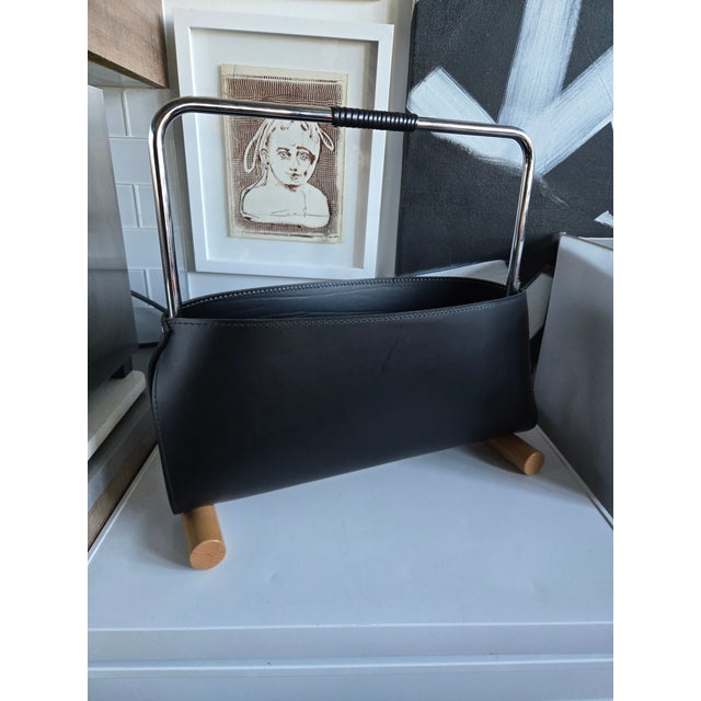 Arrben PostModern 1980's Arrben Italian Leather, Chrome & Wood Designer Magazine Holder For Sale - Image 4 of 13