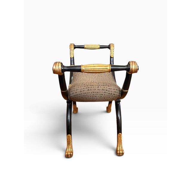 Vintage Maitland-Smith Neoclassical Black & Gilt Curule Bench With Asian Calligraphy Upholstery For Sale In Boston - Image 6 of 14