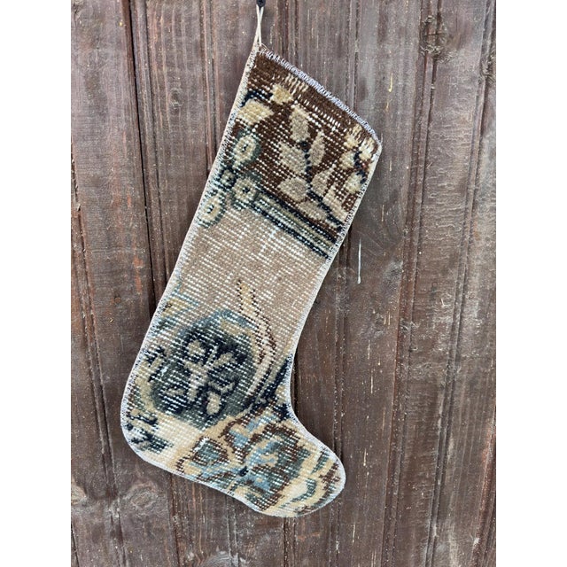 Vintage Turkish Hand-Knotted Wool Rug Christmas Stocking in Brown & Navy Medallion For Sale - Image 6 of 8