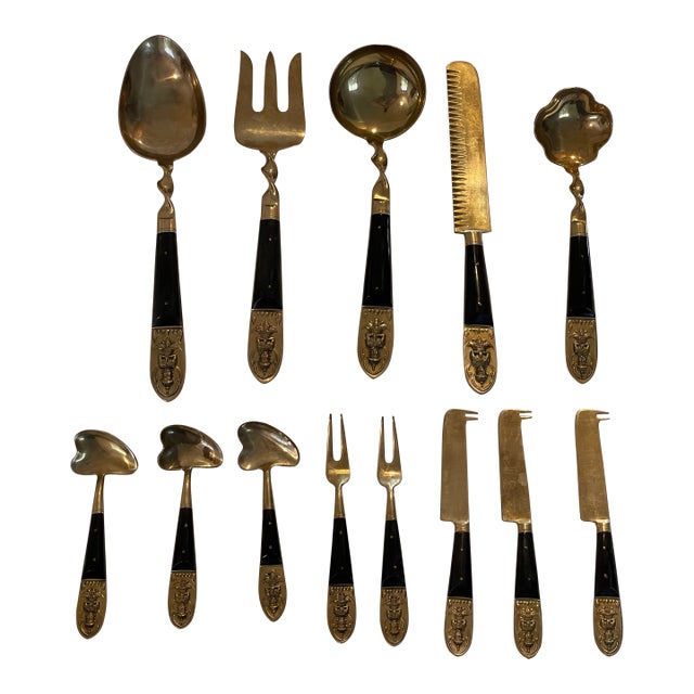 Vintage Brass Tibetan Buddha Flatware Set For Sale
