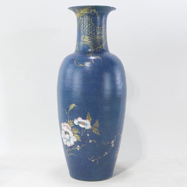 Chinoiserie Vintage Hand-Painted Chinoiserie Vase With Blue Polychrome Flowers and Gilt Bird For Sale - Image 3 of 14