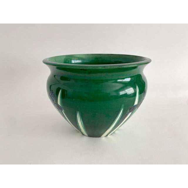 Ceramic Large Awaji Japanese Pottery Incised Iris Jardinière Bowl Vase For Sale - Image 7 of 11