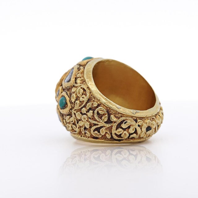 Metal Vintage Ruby Rose Cut Diamond & Turquoise 18k Gold Ring, Size 8 For Sale - Image 7 of 7