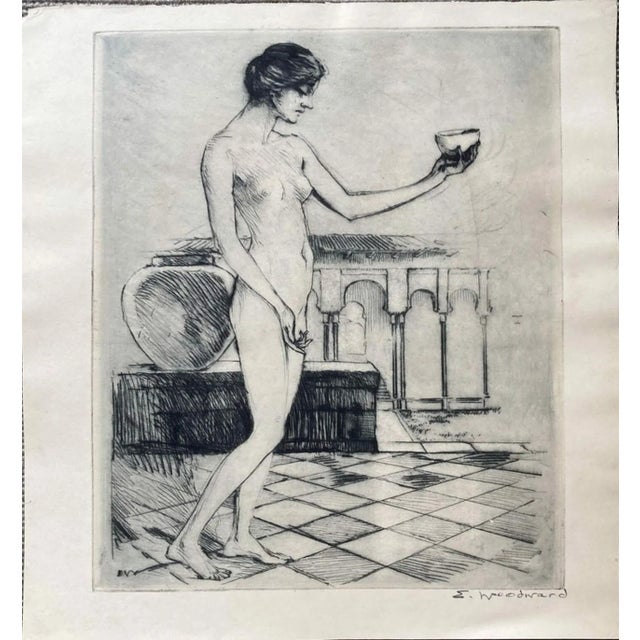 White Antique Potrait Etching of Female Nude With Bowl by Ellsworth Woodward For Sale - Image 8 of 8