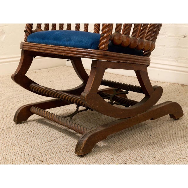 Blue 1870s Antique Attributed to George Hunzinger Barley Twist Mahogany Needlepoint Rocking Chair For Sale - Image 8 of 10