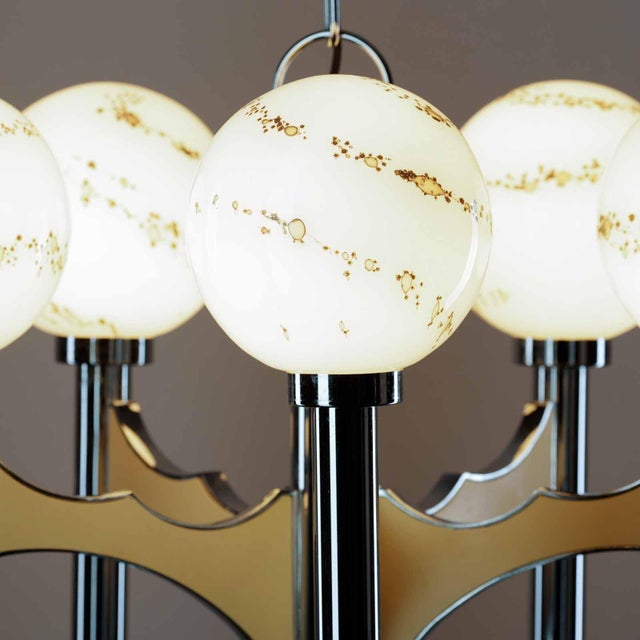 1960s 5-Light Chandelier in Chrome with Hand-Painted Glass Lamp Shades by Gaetano Sciolari, Italy, 1960s For Sale - Image 5 of 13