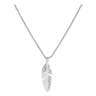 14K White Gold Diamond Accent Feather Pendant Necklace For Sale
