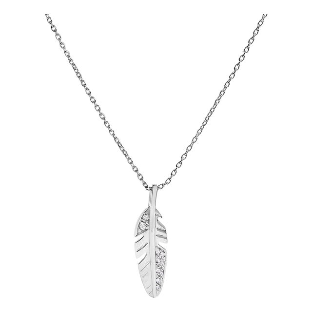 14K White Gold Diamond Accent Feather Pendant Necklace For Sale