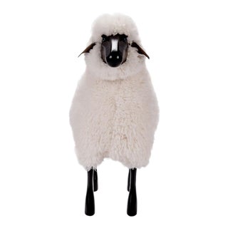 White Curly Sheepskin With Black Wood and Leather Handmade Stool For Sale