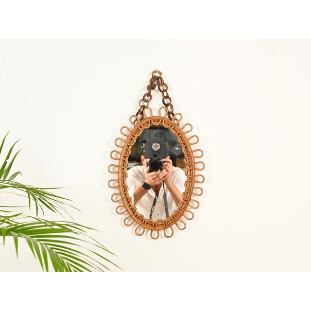 Small Oval Mirror with Chain in Rattan and Bamboo by Franco Albini, Italy, 1960s For Sale - Image 3 of 9